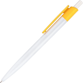 {{photo.Alt || photo.Description || 'Ручка пластиковая шариковая Vivapens HIT (белая с желтым) с Вашим логотипом'}}